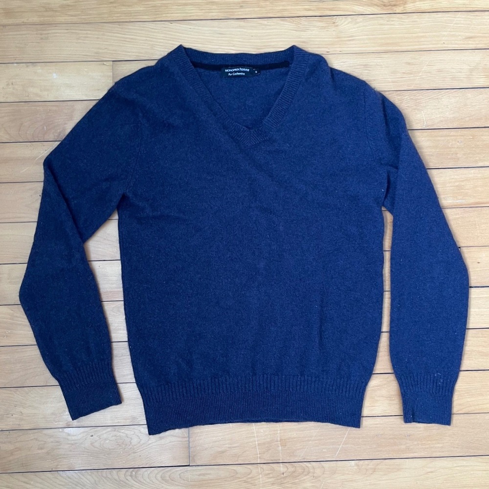 Monoprix Homme Navy Blue 100% Pure Cashmere V-Neck Sweater Mens Small S